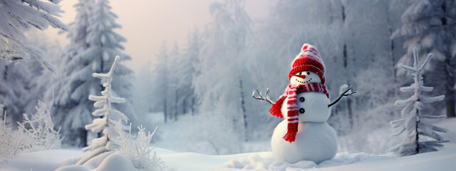 snowman in a hat and scarf in winter in the forest. Congratulatory festive banner for Christmas and New Year