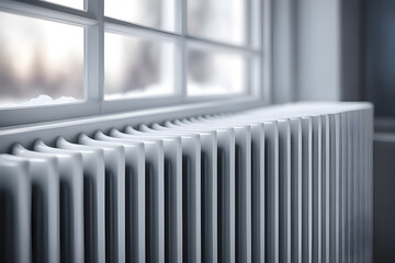concept no heating, close up cold white radiators in the snow, winter view