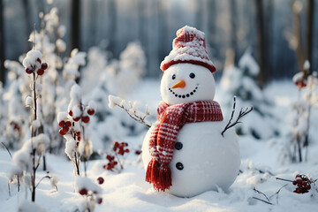 Snowman in winter in forest. Christmas and New Year Greeting Card