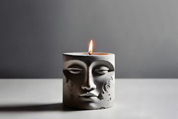 minimalistic concrete candle holder stone face on concrete background - obrazy, fototapety, plakaty