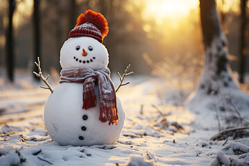 Christmas and New Year greeting card with snowman in forest