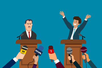 Debate concept. Candidate for president at the podium. Political speech. Presidential election. Journalist or press media hands with microphones. - obrazy, fototapety, plakaty