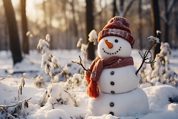 Christmas and New Year greeting card with snowman in forest