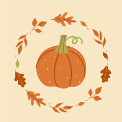 Autumn card or poster with leaves and pumpkin. Vector graphics.