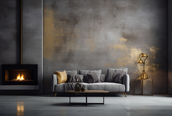 a gray couch is putting in a chair and wooden table on top of cement wall, in the style of luxurious fabrics, futuristic design, multi-layered textures,