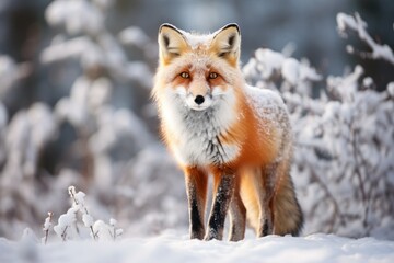 Fototapeta premium Winter's Wanderer: Fox Amidst Snowfall 