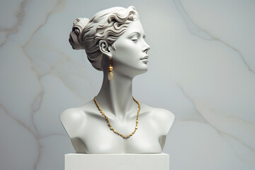 Statue with jewelry, bust of woman wearing golden necklace and earrings. Sculpture with luxury jewelry. Timeless, eternal beauty and style concept. Gypsum stone woman Greek statue with golden chain