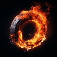 Car tire in fire. Burning car wheel, concept of speed,car racing, fast car service. Burnt tires, burning tires for protest, demonstration, fight for rights. - obrazy, fototapety, plakaty