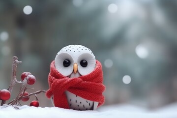 White cute owl with red Christmas scarf. Cuddly bird in winter snowy season forest. Generate ai