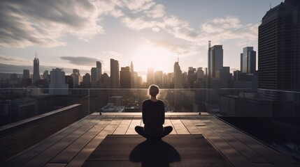 Serene Yoga Practice on a Rooftop Terrace with a Stunning View, generative AI - obrazy, fototapety, plakaty
