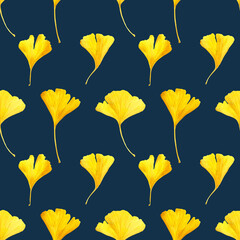 Seamless pattern of Ginkgo biloba leaves. Hand drawn watercolour illustration. Yellow plants on blue grey  background.	