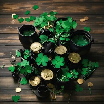 A pot of coins and a pot of coins with a green leaf on it. .Luck of the irishHD 8K wallpaper Stock Photographic Image