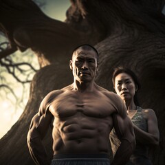 A Very Muscular Chinese Man and His Wife Near an Ancient Pagoda, generative AI