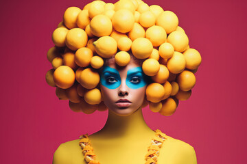 Portrait of a beautiful girl with a hairstyle made with lemons.