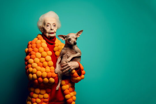 Older fashionable grandmother holding a small dog in her arms.