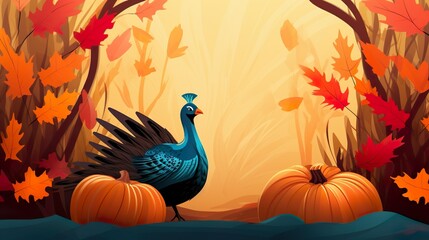 Naklejka premium cute turkey thanksgiving celebration illustration background thanksgiving day celebration of autumn fall with pumpkins 