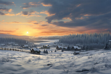 Winter landscape with hut, fence and trees covered with snow, mountains and sunset in the background.