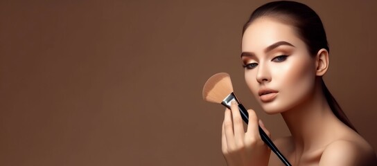Beautiful woman applying makeup banner. Female model using visage beauty cosmetics. Generate ai