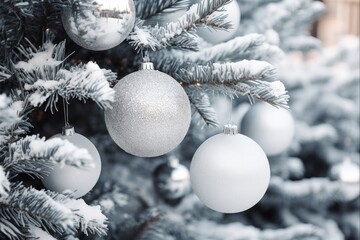 Fototapeta na wymiar Silver Ornament adorns Christmas Tree Branch, White Decor creates festive ambiance.