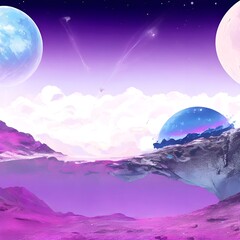 A pink planet with a large moon in the background ,A purple planet with two moons in the sky