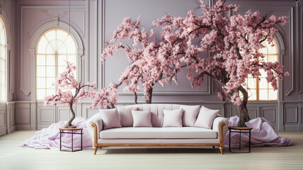Wedding decor. Luxury interior of the living room with a purple sofa and flowers. 3d render. Generative AI technology.