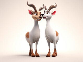 Two 3D Cartoon Antelopes in Love on a Solid Background