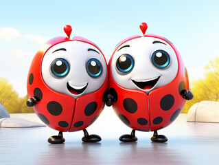 Fototapeta premium Two 3D Cartoon Ladybugs in Love on a Solid Background
