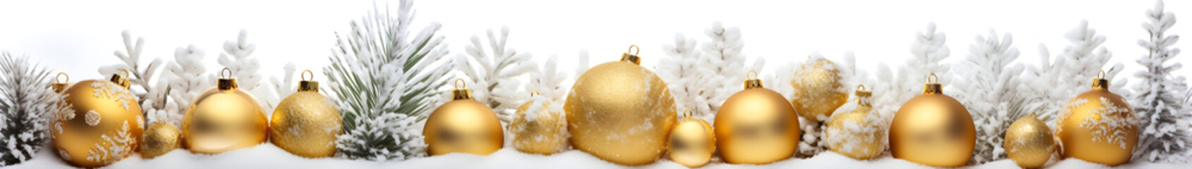 Golden Christmas balls, stars, pine cones and spruce branches in a row covered with snow on white background in winter. Horizontal composition.