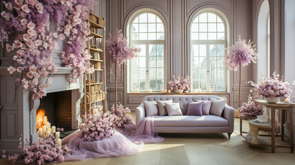 Wedding decor. Luxury interior of the living room with a purple sofa and flowers. 3d render. Generative AI technology.