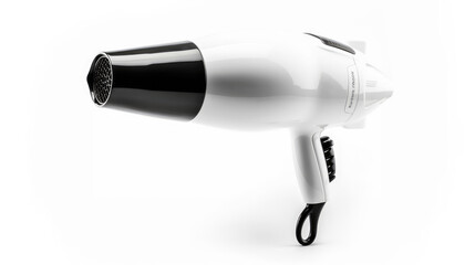 Modern hair dryer in action against a clean white background, showcasing the essential tool for daily grooming and styling