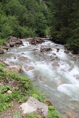 fast flowing mountain river with driftwood stuck against large boulders