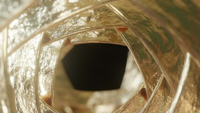 Close up shot of Golden metal circles rotating in a 3D animation
