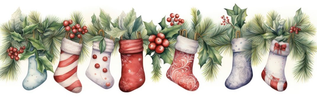 Christmas stockings with traditional holiday ornaments and fir branches , decoration board for postcard