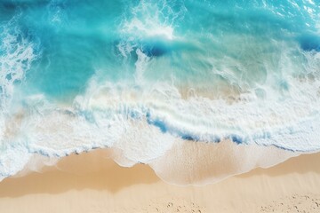 Fototapeta na wymiar Aerial view of a gorgeous beach with white sand, turquoise sea waves, and plenty of copy space. Generative AI