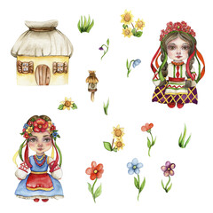 Set of girl and boy gnome in national ukrainian costume ,country houses and flowers. Design for baby shower party, birthday,cake, holiday celebration design, greetings card,invitation.