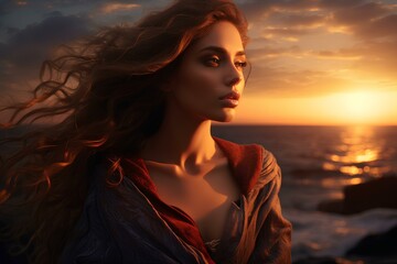 A beautiful woman with long hair fluttering in the wind on a sunset beach looking at the distant...