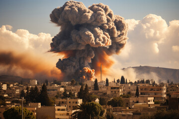 Airstrike on the city, burning houses.