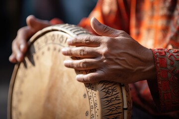 Close-up of a man playing a djembe drum.