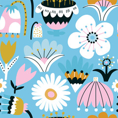 Blue seamless floral pattern design. Bright Botanical hand drawn texture. Perfect for fabric, textile, wrapping paper. Vector illustration