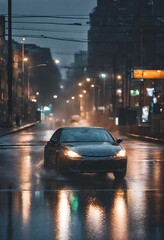 iPhone , Samsung, android wallpapers of a serene image of a car driving on a road with reflections of city lights on wet pavement after rain.