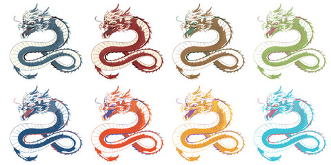 鮮やかなかっこいい龍の素材のカラーバリエーションセット
