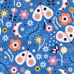 Seamless pattern with flowers, butterfly, moon, stars and plants. Botanical pastel texture for fabric, textile. Vector illustration