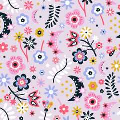 Seamless pattern with small flowers, branches, moon, stars and plants. Botanical pastel texture for fabric, textile. Vector illustration
