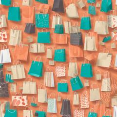 paper bags on an orange background, large-scale shopping