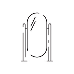 Home furniture line icon. Editable stroke. Sofa or drawers, cabinet, table, workplace, window, ceiling light and tv table