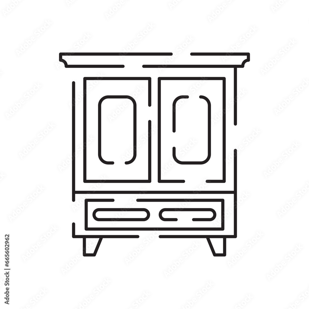 Sticker home furniture line icon. editable stroke. sofa or drawers, cabinet, table, workplace, window, ceili