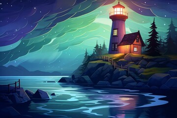 Nighttime aurora borealis lights up a beach lighthouse near the ocean in a cartoon illustration. Generative AI