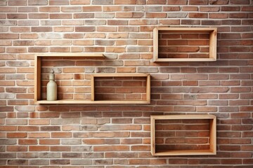 Frame picture wood shelf brick wall. Generative AI