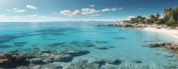 Wide shot of a lagoon with clear cyan blue colored water. Generative AI.