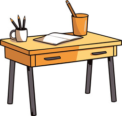A vibrant, minimalistic vector of a comic-style writing desk. Its simplistic and flat color design gives off a captivating and imaginative flair.